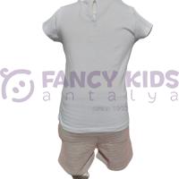 18 Ay-6 Yaş Kız Çocuk İkili Takım Baskılı Beyaz T-Shirt  Gri Kırmızı Çizgili Desenli Şortlu