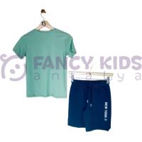 2-9 Yaş Erkek Çocuk İkili Takım Baskılı Yeşil T-Shirt Lacivert Şort